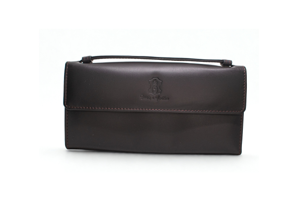 A long women's wallet that opens on both sides and has multiple slots.