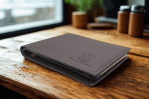 Genuine Leather Bi-Fold Wallet for Men genuine leather bi-fold wallet showing multiple card slots and compartments on a rustic wooden table.