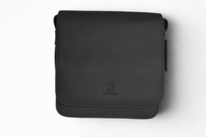 Midnight Nomad Messenger Black top-grain leather women’s messenger bag – handmade polished crossbody purse with adjustable strap and flap closure.