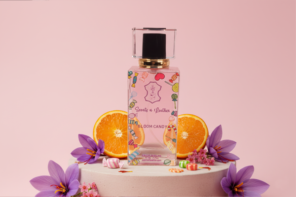 Bloom Candy Bloom Candy perfume bottle for women with girly pink design inspired by Purple Oud, featuring woody oud, citrus, and spicy notes.